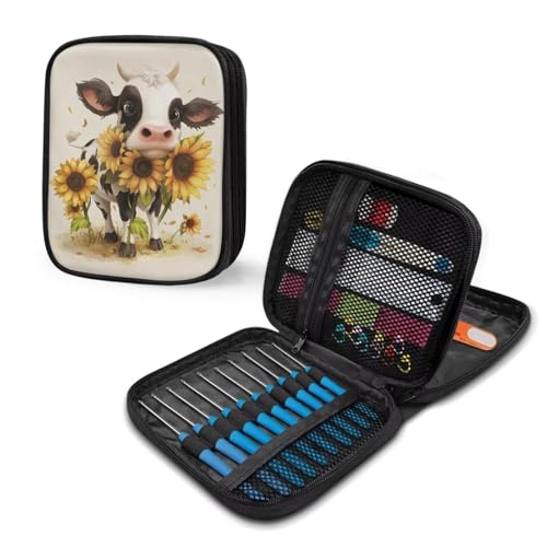 Cartoon Cow Crochet Hook Case Sunflower Portable Knitting Needle Case with Web Pockets Swing Crochet Hooks Accessories Easy to Take - color: Cartoon Cow Sunflower