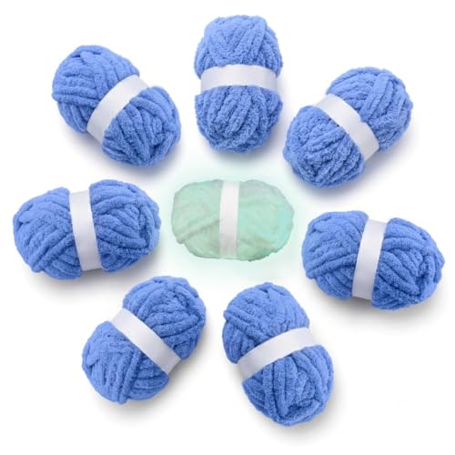 8 Pack Chunky Chenille Yarn for Hand Knitting, Glow in The Dark, Denim Blue | 8-pack jumbo chenille yarn with 1 glow-in-the-dark skein! Ultra-soft, fast to hand knit & perfect for DIY cozy gifts - color: Denim Blue