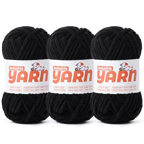 Soft Chunky Chenille Yarn for Crocheting-(300g/10.58oz) Bulky Knitting Crochet Yarn for Blankets-(150m/164yds) Fluffy Velvet Baby Yarn for Amigurumi&Crafts.(3 Black) - color: 3 Black