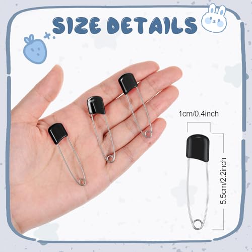 WILLBOND 100 Pcs Large Safety Pins for Clothes,with Bag, Black | Plastic Head with Locking Closures, Heavy Duty Nappy Pins Hooks, 2.2 Inch Fasteners, Stainless Steel, Velvet Bag - color: Black
