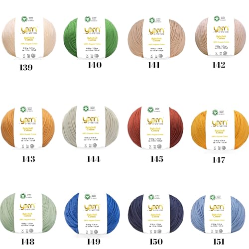 Babysoft Cotton Yarn, Yarn E-verse, 100% Organic Cotton, Soft & Hypoallergenic, Ideal for Baby Knitting, Crocheting, Amigurumi & DIY Projects, Organic Textile Certified, 50g (1, 147 Mustard Yellow) - color: 147 Mustard Yellow