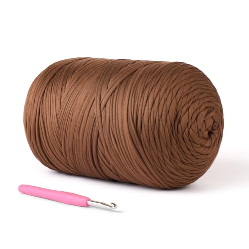 (800g/228yds) T Shirt Yarn, Soft Tshirt Crochet Yarn for Crafts and DIY Knitting Crocheting Cloth/Bag/Basket/Coaster, 100% Polyeste Elastic Fabric Chunky Thick Yarns for Crocheting (Brown) - color: Brown