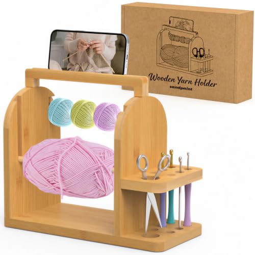 sandpaint Crochet Yarn Holder, Bamboo Wood Yarn Holder for Crocheting | Built-in Phone Stand, Tangle-Free Dual Rods & Tool Holder, Ideal Crochet Accessories for Skein, Cake, Ball Yarn - color: Wood Basic Yarn Holder