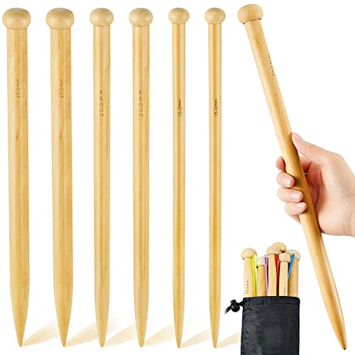 12 Pcs Large Knitting Needles 16 Inch Wooden Knitting Needles 3 Size Extra Large Knitting Needle with Plastic Straight Needles Storage Bag for Chunky Yarn Beginner DIY Fabric Craft Crochet 15 20 25 mm