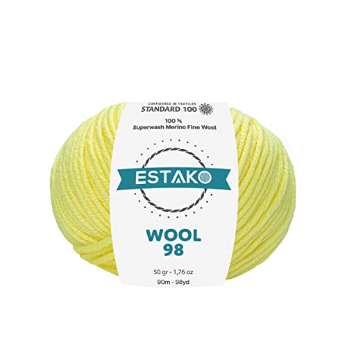 Estako Wool 98 100% Superwash Merino Wool Worsted Weight Yarn, Light Yellow | 1.76 oz, 98 yds, cyc 4 medium, aran, machine washable, 5 mm needles, 6 mm hook, 20 sts gauge, crocheting, sweaters - color: 6365 - Light Yellow, size: 1 Skein