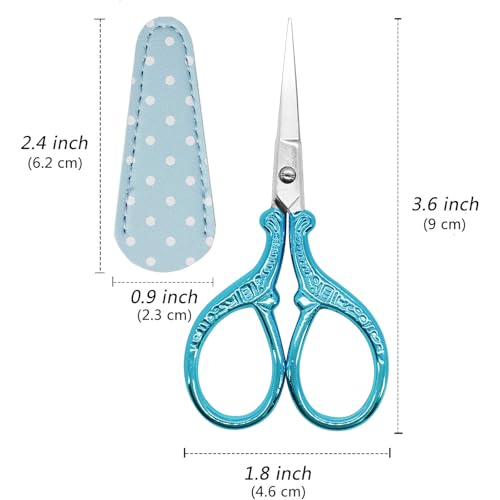 Embroidery Scissors 3.6 inch Crafting Scissors with Leather Cover | Stainless Steel Sharp Tip Scissors Shears for Needlework DIY Craft Thread Cutting Artwork Cross Stitch - color: Light Blue