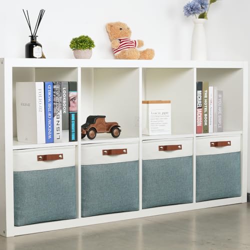 DULLEMELO Storage Bins, 4 Pack Of 13x13x13 Decorative Storage Cube Bins Suit Office, Home, Shelves And Closet, Stackale Gift Baskets Empty with Leather handle (White&Deep Green) - color: White&Dark Green, size: L-13"x 13"x 13"