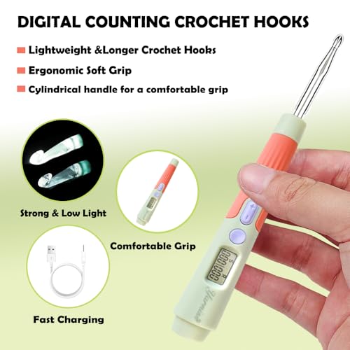 Yarniss 18 Size Light Up Counting Crochet Hooks Set with Case 2.0mm-14.0mm | Crochet Hooks for Stitch & Row Counter - color: Green-18 Size with Light & Counter