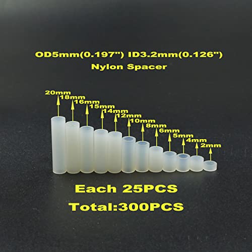300PCS OD 5mm ID 3.2mm Nylon Round Unthreaded Spacers Standoffs Assortment Kit, Wall Plate spacers for M3 Screws,Clearance Spacers(White) - size: OD 5mm ID3.2mm