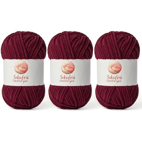 Chenille Yarn for Crocheting, Size 5 Bulky,3 Burgundy | 300g/393yds Soft Chunky Velvet Yarn for Crochet and Knitting,Fluffy Baby Yarn for Amigurumi,Blankets and DIY Crafts. - color: 3 Burgundy