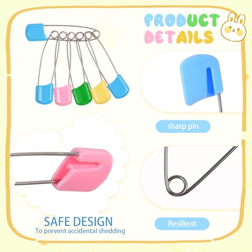 WILLBOND 100 Pcs Large Safety Pins for Clothes,with Bag, Four Colors | Plastic Head with Locking Closures, Heavy Duty Nappy Pins Hooks, 2.2 Inch Fasteners, Stainless Steel, Velvet Bag - color: Four Colors