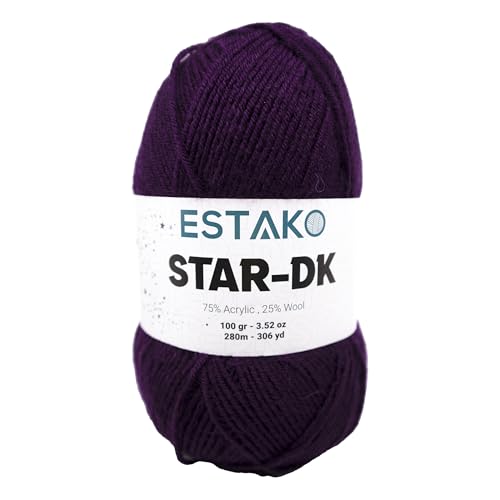 Estako Star-DK Soft Yarn for Crocheting, DK Weight 3 Wool, Dark Purple | 75% acrylic 25% wool, 100 g, 306 yds, amigurumi, granny squares, socks, beanies, mittens, plush toys, machine washable - color: 36001 - Dark Purple, size: Pack of One