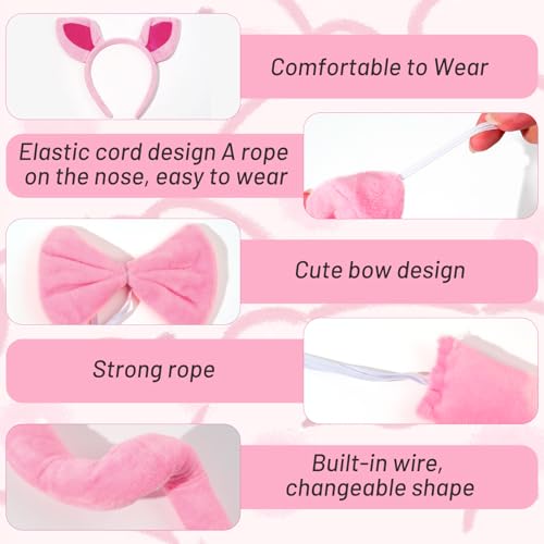 Plush Animal Ears Headband & Nose Bow Tie Tail, Halloween 100 Day Cosplay Festival Theme Party Dress up Costume