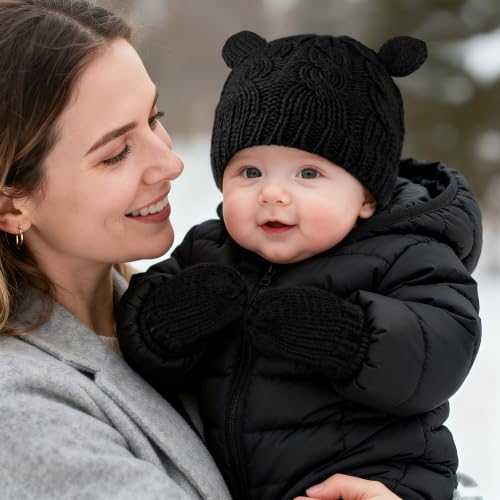Baby Winter Hat Mittens Set Knitted Beanie Gloves for Baby Girls Boys Newborn Infant Toddler Autumn Winter - color: Black
