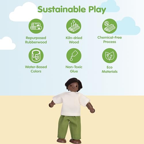 PlanToys® Father Dollhouse Wooden Figurine Poseable 1:12 Scale 5-Inch Doll | dad character, doll house people accessories, bendable arms, kids pretend play, girls storytelling gift ages 3+ for boys - color: African American Dad