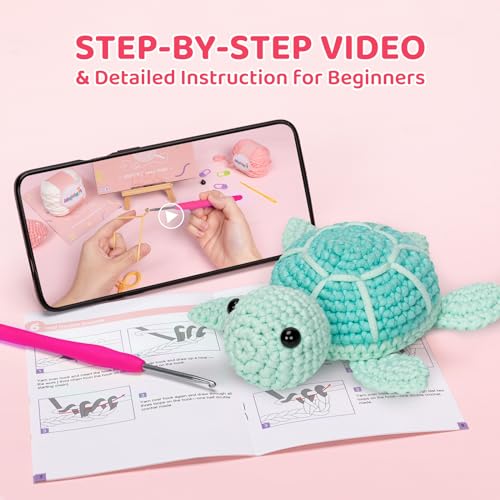 Mewaii Blue Sea Turtle Crochet Kit for Beginners, 40% Extra Yarn | Video Tutorial, Pre-Started Piece, Gift Box, Level 1 Starter Kit, Family Craft for Adults, Kids & Beginners - color: Blue