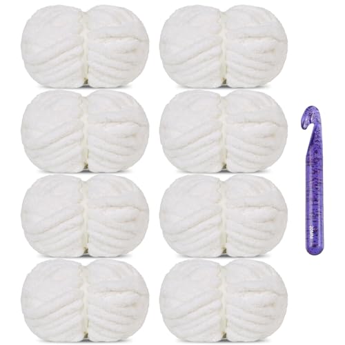 8 Pack Chunky Chenille Yarn for Crocheting,Super Bulky Large Soft Thick Fluffy Plush Fuzzy Yarn for Hand Knitting Blanket (White) - color: white