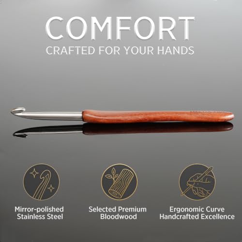 SEVENSUN Mimosa 6mm Single Crochet Hook, Available in 0.6mm-6.5mm, Ergonomic Hand Polished Stainless Steel Inline Pointy Wood Handle Crochet Hook for Arthritic Hands - size: 6.0mm(Size J)