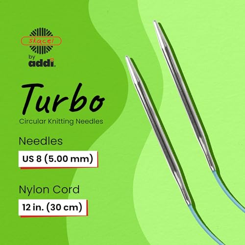 skacel by addi Turbo Circular Knitting Needles, Fixed 12 Inch (30 cm) Plated Brass Tips with Flexible Nylon Cord, 5 mm (US Size 8)