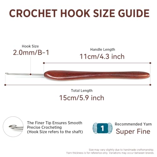 SEVENSUN Mimosa 2mm Single Crochet Hook, Available in 0.6mm-6.5mm, Ergonomic Hand Polished Stainless Steel Inline Pointy Wood Handle Crochet Hook for Arthritic Hands - size: 2.0mm(Size B)