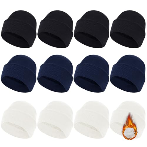 ZH 12-Pack Knitted Winter Beanie Hats for Men and Women, Warm and Cozy Cuffed Skull Caps, Bulk Purchase - color: Black/White/Navy-fleece