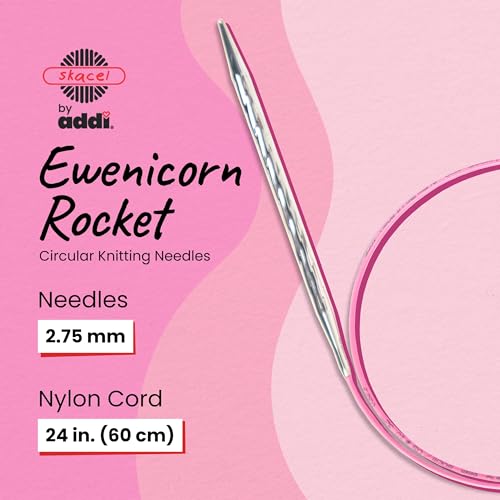 skacel by addi Ewenicorn Rocket Circular Knitting Needles, Fixed 24 Inch (60 cm) White Chrome Plated Brass Tips with Flexible Nylon Cord, 2.75 mm - size: 2.75 mm