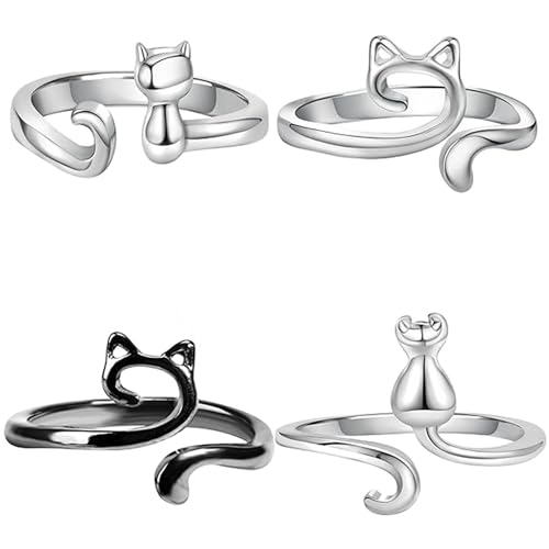 KYLELOVE Crochet Rings,Adjustable Crochet Yarn Tension Ring for Crocheting 4 Pcs Knitting Finger Tensioner Loop Cat Peacock Rings - color: 4 Pcs Cat