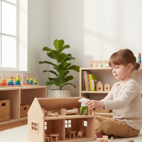 PlanToys® Father Dollhouse Wooden Figurine Poseable 1:12 Scale 5-Inch Doll | dad character, doll house people accessories, bendable arms, kids pretend play, girls storytelling gift ages 3+ for boys - color: African American Dad