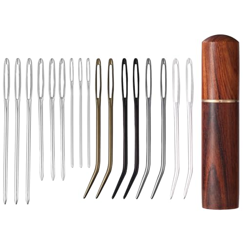 17pcs Large Eye Sewing Needles Kit, Include Curved Tapestry Needle & Straight Blunt Needle Sharp Large-Eye Hand Knitting Needles with Wooden Case for Crochet Projects