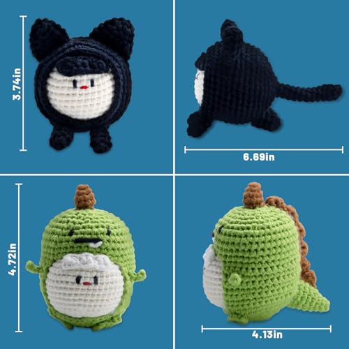 EOKPHULL Crochet Kit for Beginners, Easy Crochet Animal Set Knitting Kit for Adults with Step-by-Step Video Tutorials and Paper Instructions - color: Dinosaur, Cat