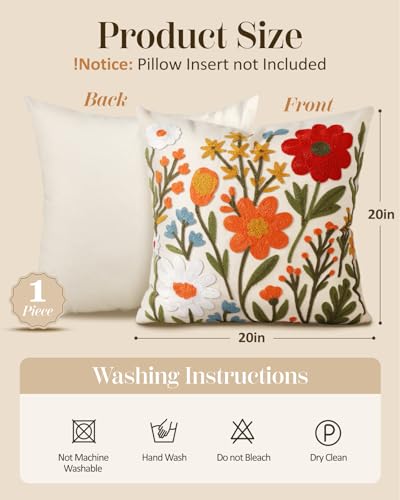 Embroidered Throw Pillow Cover 20x20 Inch, Flower Cluster | Decorative Pillow Cover, Floral Farmhouse Cushion Case with Hidden Zipper, Home Decor for Couch, Sofa, Living Room, Bedroom - color: Flower Cluster, size: 20" x 20" (Pack of 1)