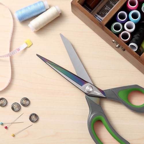 LIVINGO Fabric Scissors 9.5" Professional Sewing Shears All Purpose | Titanium Coated Steel Blade, Precision Cutting Control, Cloth Paper Leather Crafting Supplies - color: Gray / Green, size: 9.5"