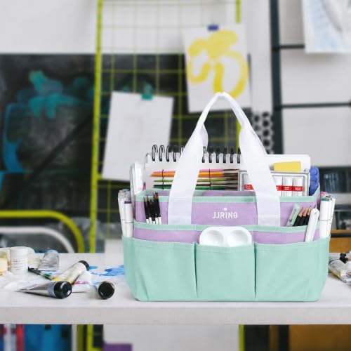 JJRING Craft Organizer Tote Bag Art Storage Caddy Green and Purple | With Multiple Pockets For Sewing, Scrapbooking, School, Medical, And Office Supplies - color: Green&Purple, size: Small