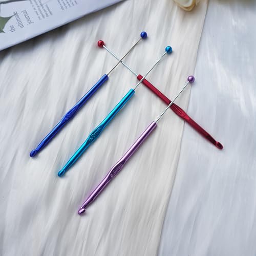 6 Pack DIY Beadable Crochet Hooks Knitting Needles Set Aluminum Handle for Focal Beads Colors (Blue Purple Red Orange Pink Light Blue, 6 mm) - size: 6 mm