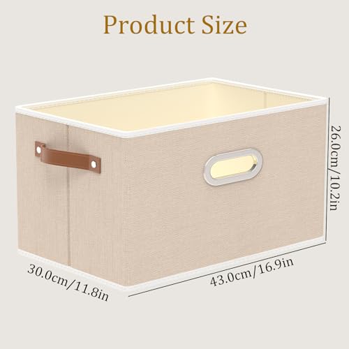 Yawinhe Foldable Storage Baskets for Shelves,16.9x11.8x10.2in,Beige,4-Pack | Collapsible Storage Bins for Towels, Container with Leather Handle for Organization, Fabric Rectangle Boxes for Home - color: Beige, size: 16.9x11.8x10.2inch(4-Pack)