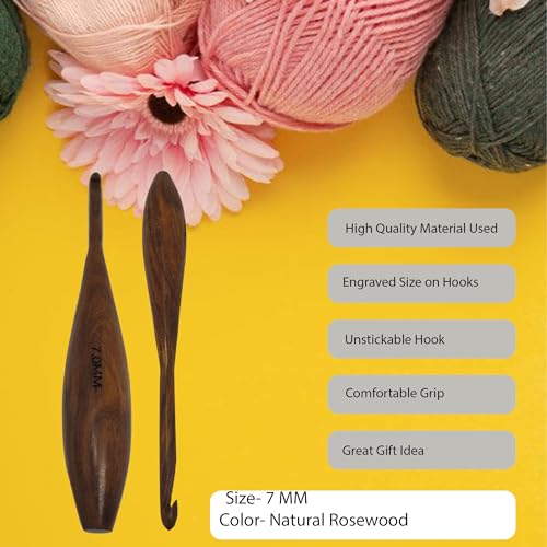 Handcrafted Wooden Crochet Hooks with Bag, 4 MM to 10 MM | Comfortable Grip | Smooth Finish & Ergonomic Design | Galaxy Indiacraft (Natural Rosewood, 7 MM) - color: Natural Rosewood, size: 7 MM