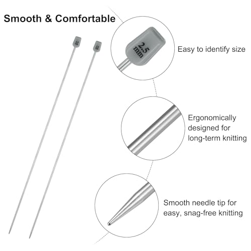 uxcell 2Pcs 2.5mm(C) Single Pointed Knitting Needles Stainless Steel 13.8 Inches Length Metal Weaving Tool for Handmade Projects DIY Knitting - size: 2.5mm13.8"