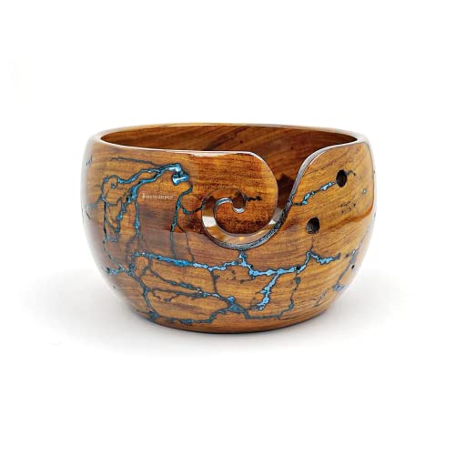 METLUMBER Wooden Yarn Bowl Rosewood Yarn Storage Bowl Holder & Dispenser for Tangle-Free Yarn Perfect Large Knitting & Crochet Bowl Fractal Wood Burning & Resin Artwork