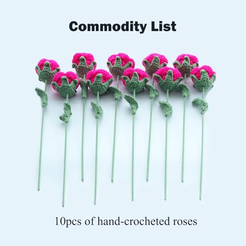 10PCS Hot Pink Crochet Roses | 16.1 in x 2.36in; wool yarn + thin iron wire stem; 100% hand crochet; vase filler, DIY wreath, bouquet, home decor, gift - color: Hot Pink