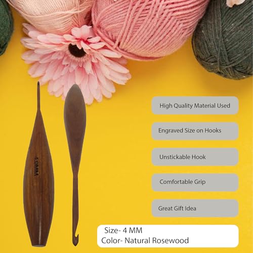 Handcrafted Wooden Crochet Hooks with Bag, 4 MM to 10 MM | Comfortable Grip | Smooth Finish & Ergonomic Design | Galaxy Indiacraft (Natural Rosewood, 4 MM) - color: Natural Rosewood, size: 4 MM