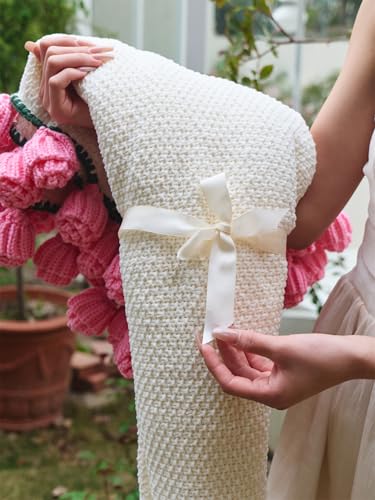 vctops Flower Bouquet Knitted Throw Blanket, Cute Roses Bouquets Handmade Crochet Round Blankets, Pink Roses Soft Small Throws Gifts for Girls, Women, Wife (Pink,Diameter 43") - color: Pink, size: Kids,Diameter 43"