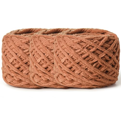 3 Pack Fluffy Chenille Chunky Yarn for Crocheting 100g(65.6yd) - Baby Yarn for Crocheting Soft - Velvet Yarns for Crochet Blanket - Amigurumi Crochet Yarns (Light Tan) - color: 3 Light Tan