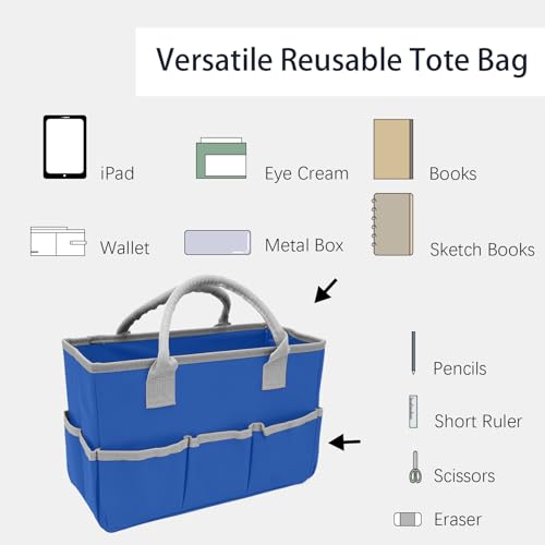 Cupohus Art Organizer Craft Storage Tote Bag with Pockets and Hadles, Oxford Fabric Carrying Caddy for Teacher, Officer, Artist, Students, Traveler, and more – Blue with Grey Edge (Pack of 2) - color: Blue with Grey, size: Normal (Pack of 2)