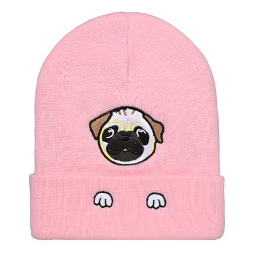 Personality Animal Head Embroidery Knit Beanie Hat for Adult and Big Kids Winter Warm Skull Cuffed Hats - color: Dog 2-pink