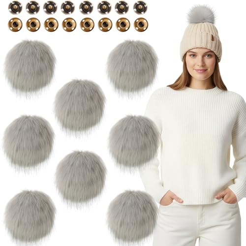 Juinte 8 Pcs 6 Inch Large Fur Pom Pom Balls for Hats Fluffy Faux Fur Pompom Balls with Snap Button for Hat Shoes Scarves Bag Charms DIY Crafts (Gray) - color: Gray