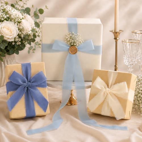 DORIS HOME Handmade Frayed Fringe Chiffon Ribbon 1" x 21Yd Blue & Ivory | Fabric Ribbon, For Flower Bouquet/Gift Wrapping/Wedding Invitations/Party Decorations - color: Blue and Ivory