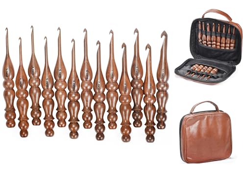 Wooden Crochet Hooks Set of 13 for Arthritic Hands | Ergonomic Soft Grip Handcrafted Knitting Needle for Crocheting and Knitting (Brown (Crochet - 1)) - color: Brown (Crochet - 1)