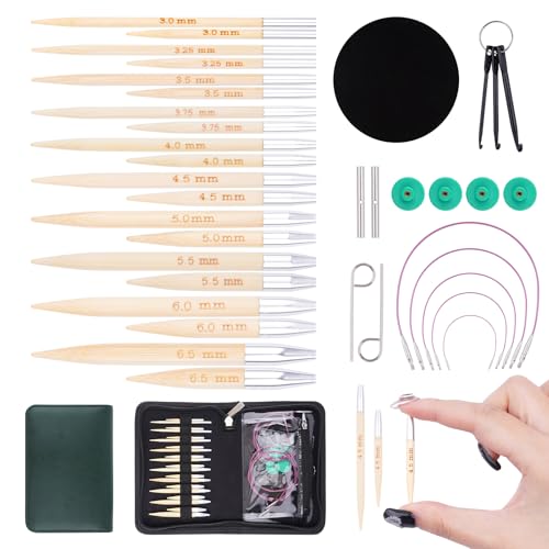 BsHooker Circular Knitting Needles Set with Case,10 Pairs Interchangeable Bamboo Knitting Needles with 5 Flexible Cables 3mm-6.5mm,Short Circular Needles 38Pcs