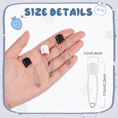 WILLBOND 100 Pcs Large Safety Pins for Clothes,with Bag, Black and White | Plastic Head with Locking Closures, Heavy Duty Nappy Pins Hooks, 2.2 Inch Fasteners, Stainless Steel, Velvet Bag - color: Black and White