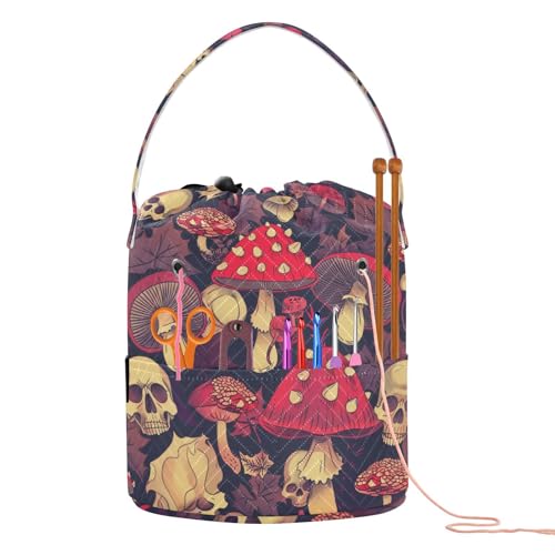 Fustylead Red Amanita Mushrooms Fall Leaves and Skulls Crochet Drawstring Organizer, Large Yarn Bag Storage Tote Basket for Crocheting On The Go, Kit Holder, Gift for Knitter, Crochet Beginner - color: Blue09 Mushrooms and Skulls